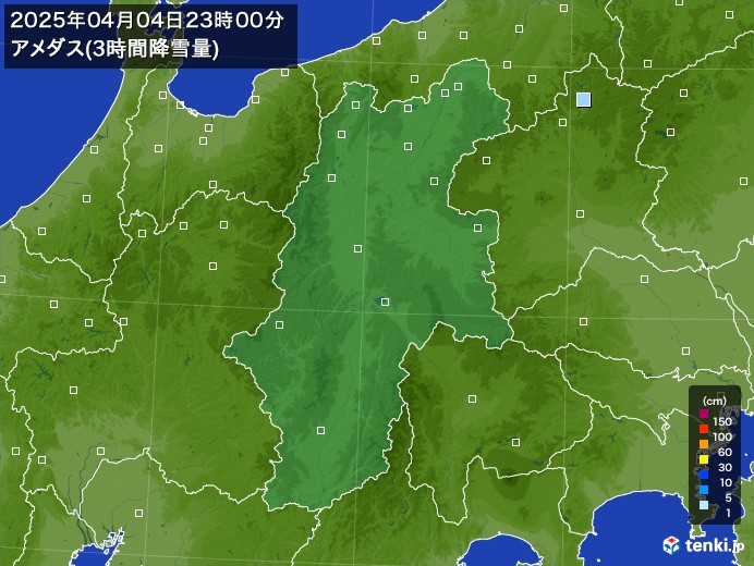 長野県のアメダス合計降雪量(3時間)