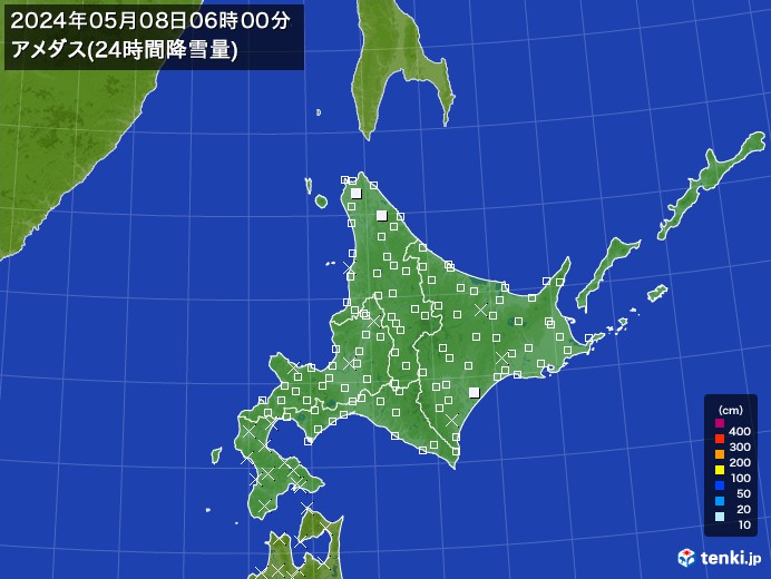 北海道地方のアメダス合計降雪量(24時間)
