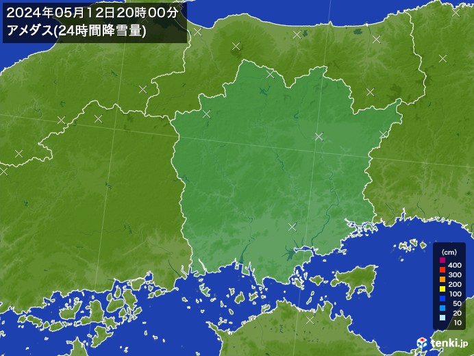岡山県のアメダス合計降雪量(24時間)