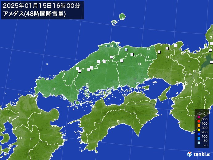 中国地方のアメダス合計降雪量(48時間)