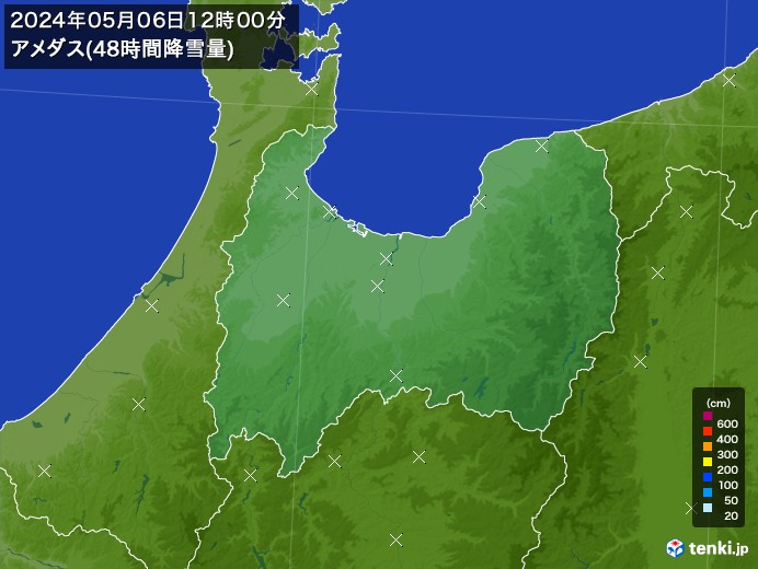 富山県のアメダス合計降雪量(48時間)