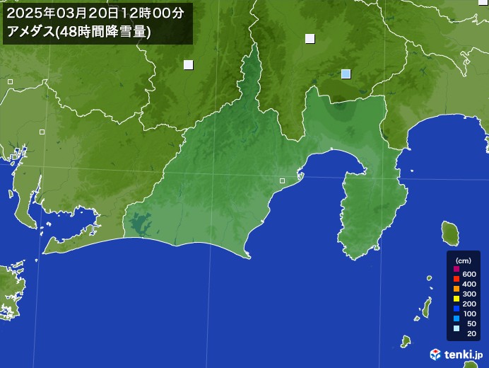 静岡県のアメダス合計降雪量(48時間)