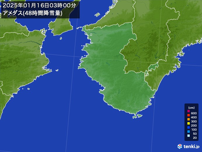 和歌山県のアメダス合計降雪量(48時間)