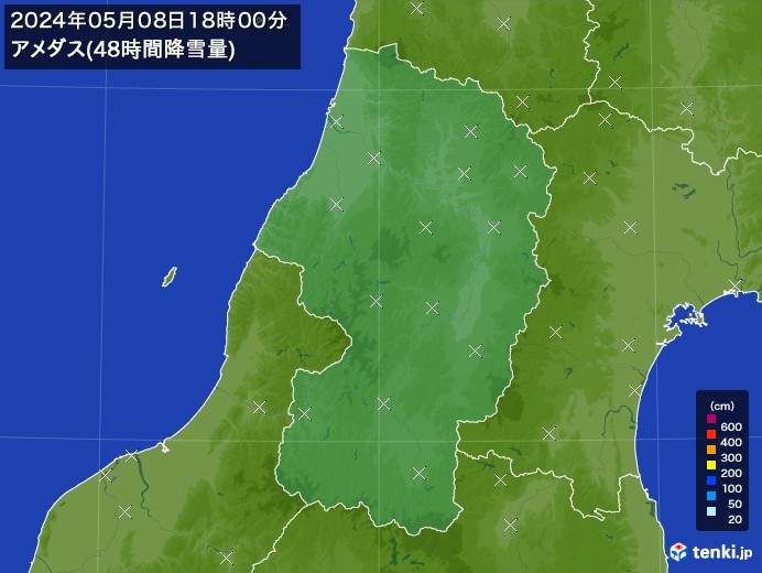 山形県のアメダス合計降雪量(48時間)