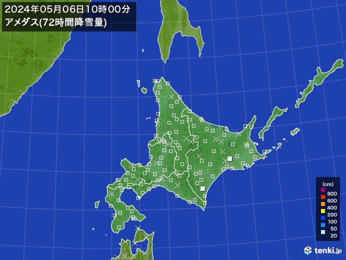 北海道地方のアメダス合計降雪量(72時間)