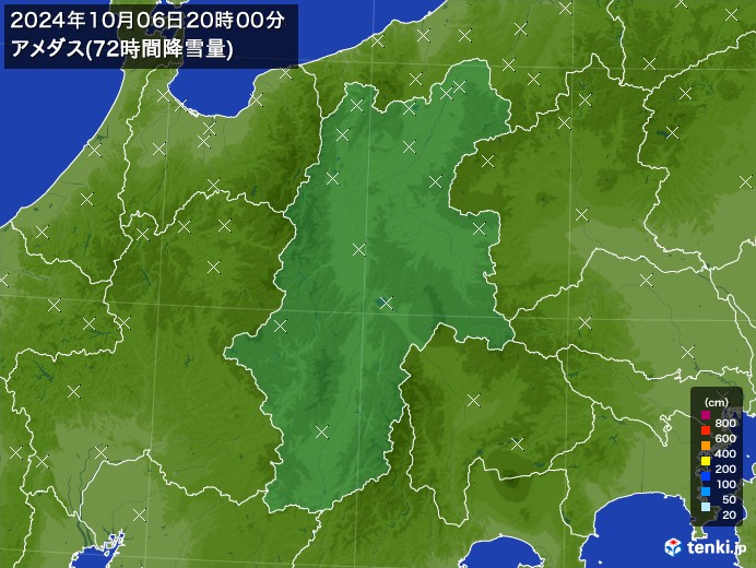 長野県のアメダス合計降雪量(72時間)