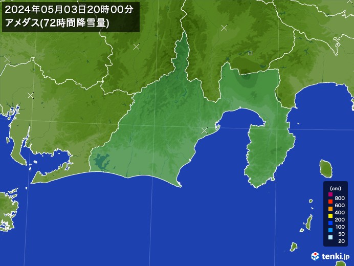 静岡県のアメダス合計降雪量(72時間)