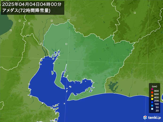 愛知県のアメダス合計降雪量(72時間)