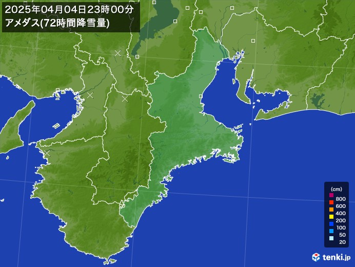 三重県のアメダス合計降雪量(72時間)