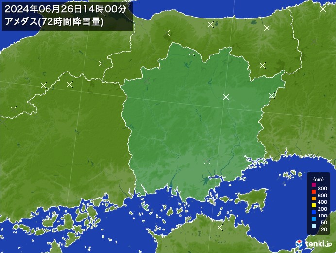 岡山県のアメダス合計降雪量(72時間)