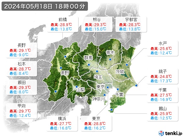 関東・甲信地方の最高・最低気温(全国)